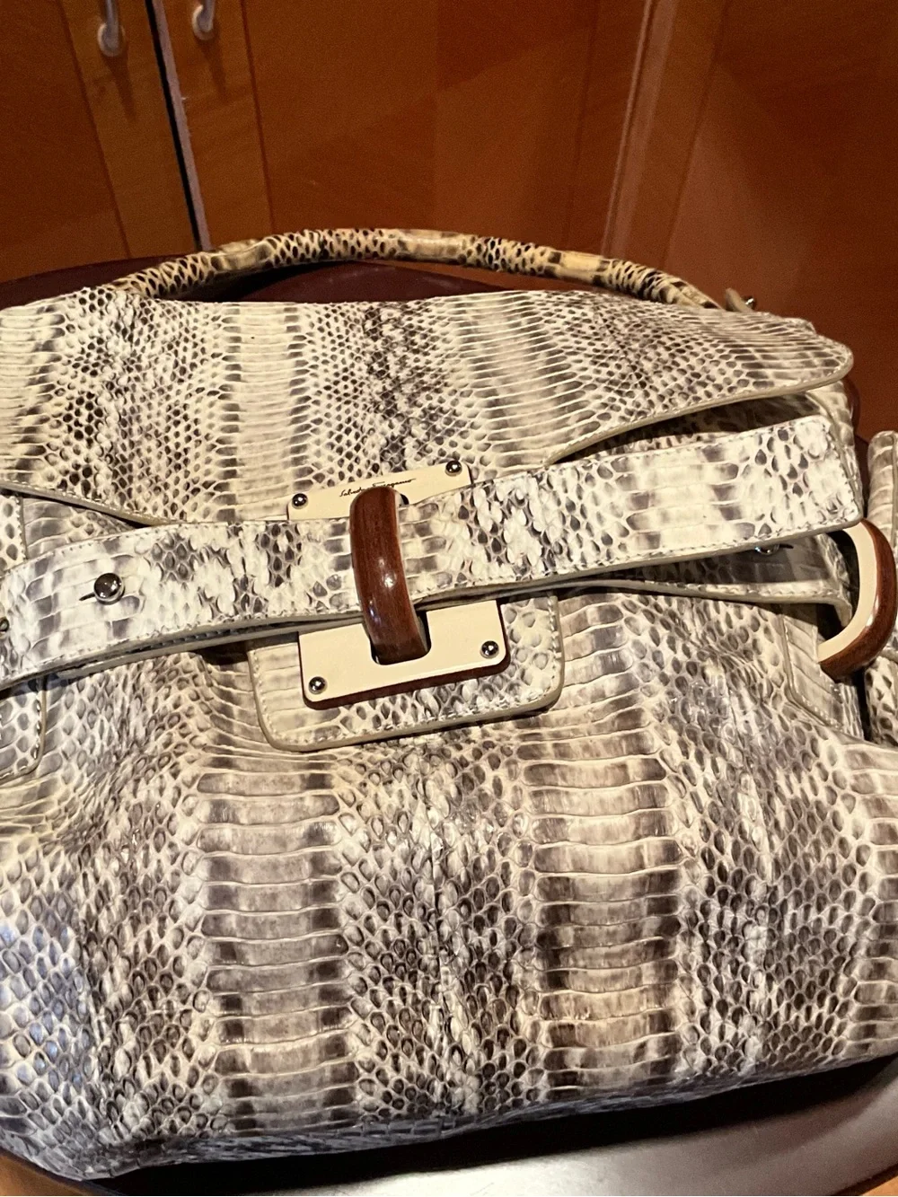 Salvatore Ferragamo Cream and Brown 100% real snake skin Shoulder Bag